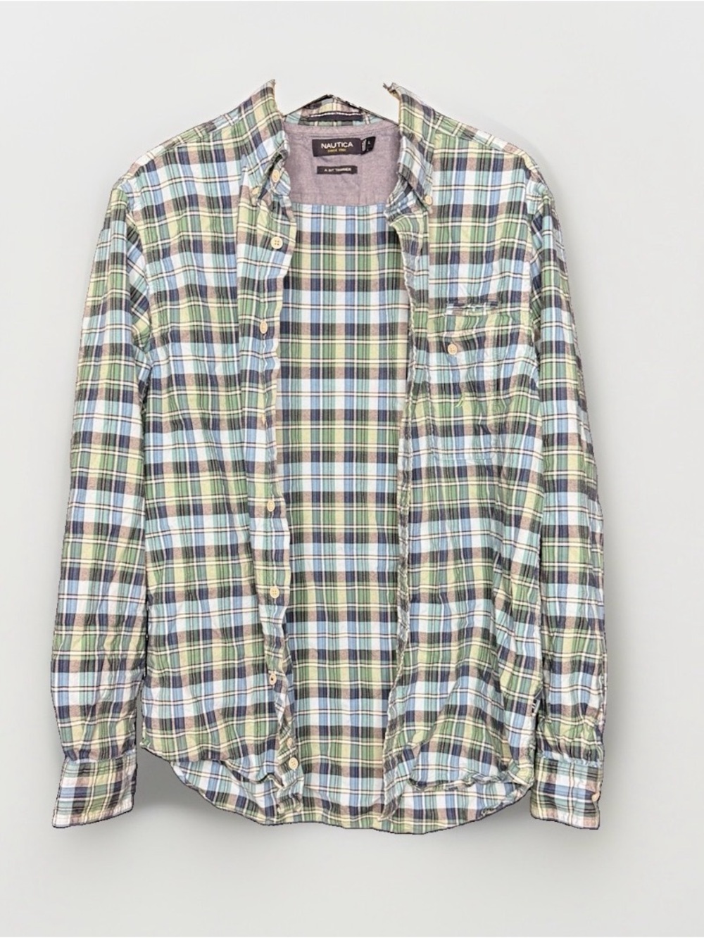 Nautica A Bit Trimmer Men's L Plaid Blue/Green Button-Down Cotton Shirt